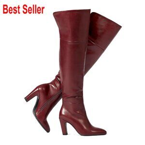 Faux Leather Over the Knee Boots with Chunky Heel and Side Zipper